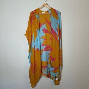 Breezy Lane Floral Kimono Wrap Mustard Blue Pink Viscose Oversized Boho Cover Up